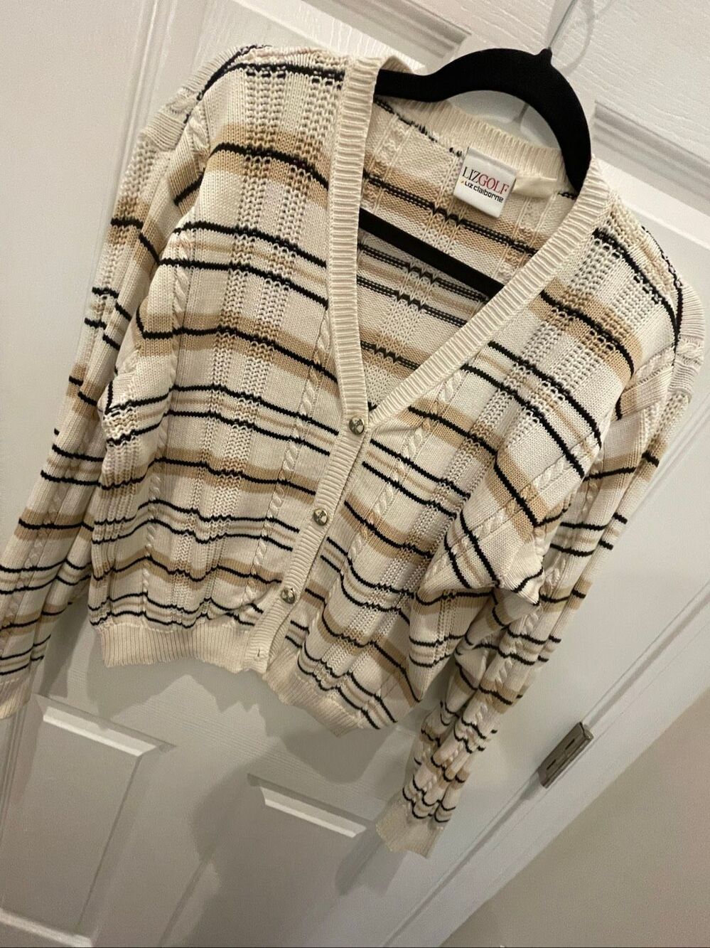 Vintage Liz Golf Liz Claiborne Cardigan Sweater Small 100% Cotton Striped Golf